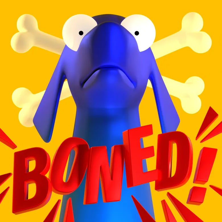 A satin blue dog peers down at you, desperate. Two bones cross behind him like the Jolly Roger. The word “Boned!” floats before him. He leans back, resigned to his fate.