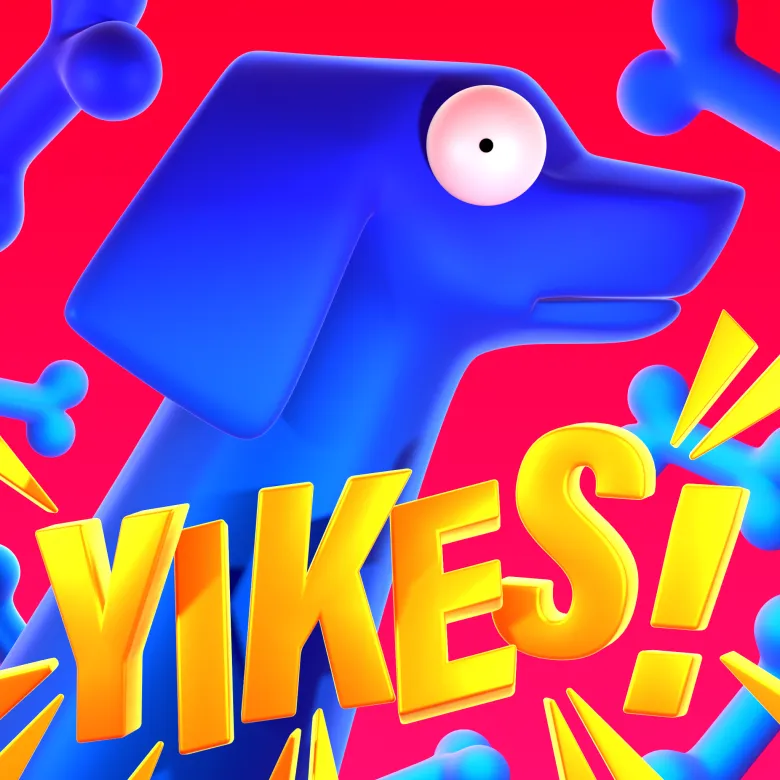 A satin blue dog, beset by bones. The word “Yikes!” explodes vibrantly in the foreground. He gives a sidelong stare, frightened, as if to say “That is not my problem.”